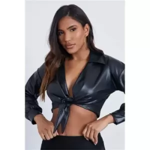 I Saw It First Black Tie Front Long Sleeve Faux Leather Blouse - Black