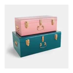 BTFY Storage Trunks Set of 2 - Pink & Teal Steel Storage Chests with Rose Gold Handles, Stylish Stackable Bedroom Storage for Bedroom, Living room,