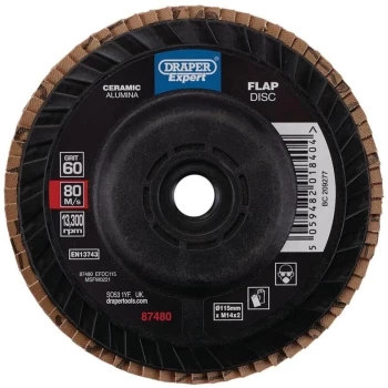 Draper - 87480 Expert Ceramic Flap Disc 115mm M14 60 Grit