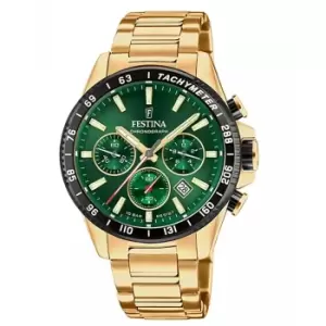 Festina F20634-4 Mens Green Dial Gold Tone Case Chronograph Wristwatch