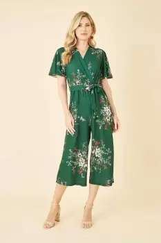 Green Floral Print Jumpsuit With Angel Sleeves
