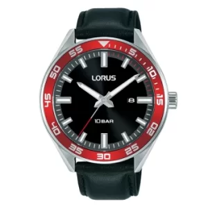Mens Sports Watch with Black Leather Strap & Black Sunray Dial