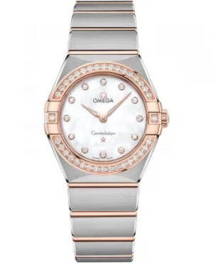 Omega Constellation Manhattan Quartz 28mm Mother of Pearl Dial Diamond Rose Gold and Stainless Steel Womens Watch 131.25.28.60.55.001 131.25.28.60.55