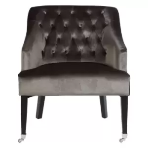 Grey Velvet Button Back Chair with Rubberwood Legs and Caster Feet