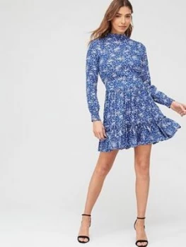 Oasis Lurex Ditsy Shirred Neck Dress - Blue , Multi Blue, Size 14, Women