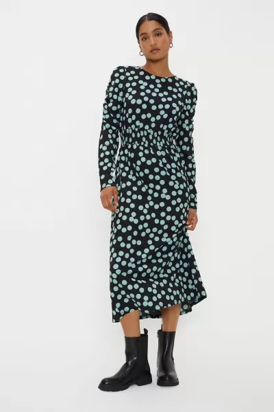 Dorothy Perkins Spot Shirred Waist Long Sleeve Midi Dress Black