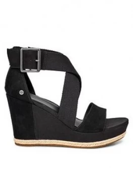 UGG Calla Wrapped Strap Buckle Sandal Wedge Shoes Black Size 5 Women