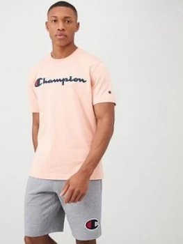Champion Logo Crew Neck T-Shirt - Pastel Pink, Pastel Pink, Size L, Men