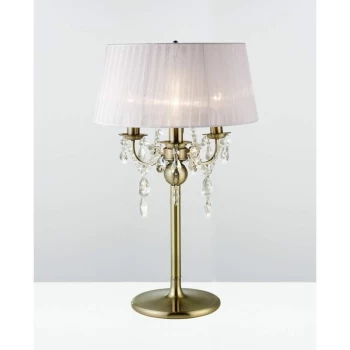 Olivia Table Lamp with White Shade 3 Bulbs Antique Brass / Crystal
