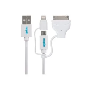 Maplin 3 in 1 USB-A to Lightning Connector, Apple 30Pin, Micro USB Cable 1.5m White