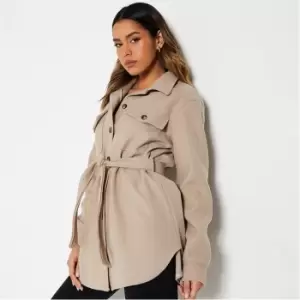 I Saw It First Faux Wool Belted Shacket - Brown