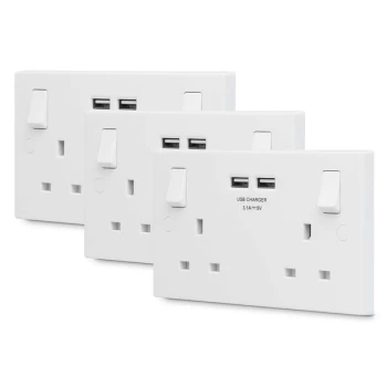 British General 13A 2 Gang Switched Socket with 2x USB-A 3.1A - White. Pack of 3