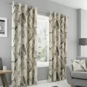 Fusion Ensley Botanical Print 100% Cotton Eyelet Lined Curtains, Grey, 46 x 72 Inch