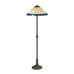 2 Light Leaf Design Floor Lamp E27 With 40cm Tiffany Shade, Blue, Crystal, Aged Antique Brass - Luminosa Lighting