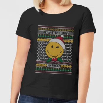 Smiley World Have A Smiley Holiday Womens Christmas T-Shirt - Black