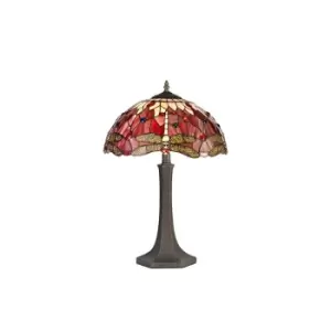 2 Light Octagonal Table Lamp E27 With 40cm Tiffany Shade, Purple, Pink, Crystal, Aged Antique Brass