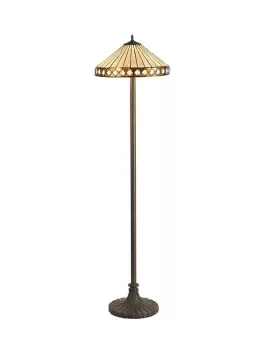 2 Light Stepped Design Floor Lamp E27 With 40cm Tiffany Shade, Amber, Crystal, Aged Antique Brass