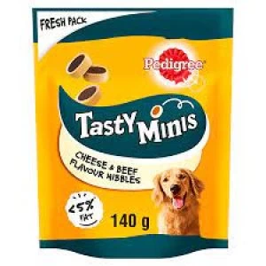 Pedigree Tasty Minis Dog Treats Cheesy Nibbles with Cheese and Beef 140g