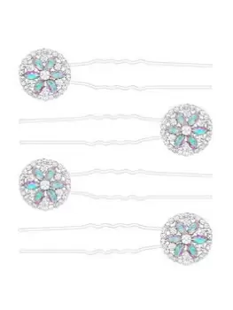 Mood Silver Crystal And Ab Floral Disc Hair Pins - Pack of 4, Silver, Women