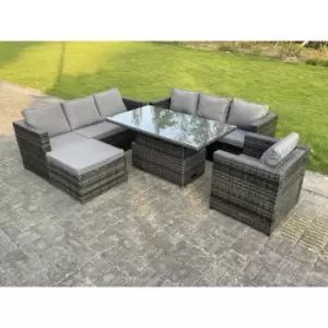 8 Seater Outdoor Rattan Sofa Set Adjustable Rising Lifting Dining Table Side Coffee Table Chairs Footstool Dark Grey Mixed - Fimous