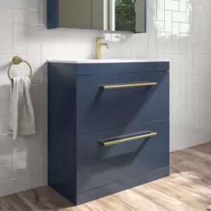800mm Blue Freestanding Vanity Unit with Basin and Brushed Brass Handle - Ashford