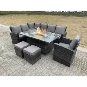 Fimous - High Back Rattan Garden Furniture Sets Gas Fire Pit Dining Table Gas Heater Set Left Corner Sofa Small Footstools Chair 9 Seater