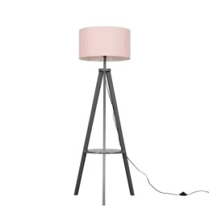 Morrigan Grey Wood Tripod Floor Lamp with XL Pink Reni Shade