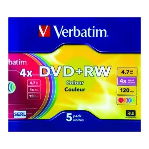 Verbatim DVDRW 4x 4.7GB Non Printable Colours Slim Case Pack of 5 4