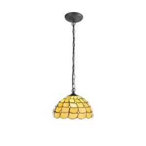 1 Light Downlighter Ceiling Pendant E27 With 30cm Tiffany Shade, Beige, Clear Crystal, Aged Antique Brass