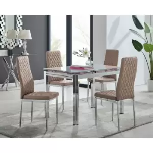 Enna White Glass Extending Dining Table and 4 Cappuccino Milan Chairs - Cappuccino