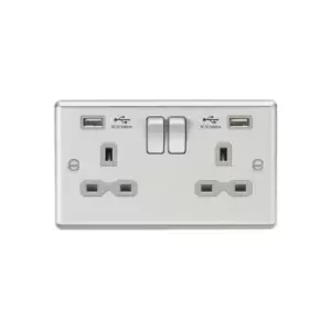 Knightsbridge - 13A 2G Switched Socket Dual usb Charger (2.4A) with Grey Insert - Rounded Edge Brushed Chrome