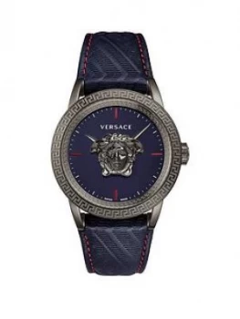 Versace Palazzo Empire Blue Sunray Dial Blue Leather Strap Mens Watch