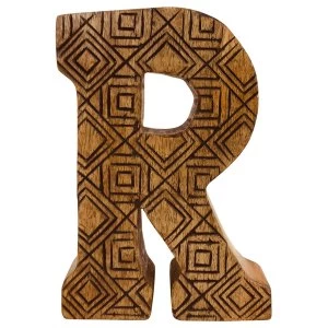 Letter R Hand Carved Wooden Geometric
