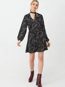 Oasis Star Pussybow Skater Dress - Black/White, Mono, Size XS, Women