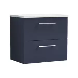 Arno Matt Electric Blue 600mm Wall Hung 2 Drawer Vanity Unit with Sparkling White Laminate Worktop - ARN1724LSW - Electric Blue - Nuie