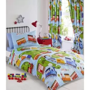 Portfolio Home Kids Club Toy Trains Single Size Duvet Cover & Pillow Case Bed Set Blue