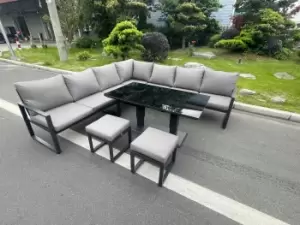 Aluminum Outdoor Garden Furniture Corner Sofa Adjustable Rising Lifting Dining Table Sets Black Tempered Dark Grey 9 Seater