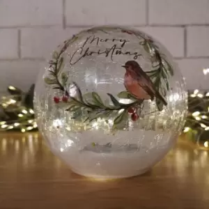 15cm Battery Operated Warm White LED Crackle Effect Ball Christmas Decoration with Merry Christmas and Robin