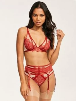 Figleaves Fleur Eyelash Lace And Mesh Suspender - Red/Nude , Red/Nude, Size 12, Women