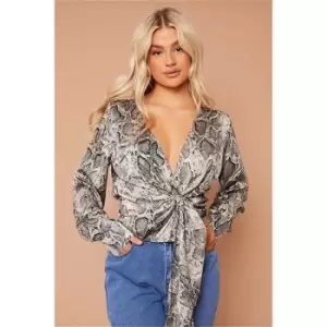 I Saw It First Grey Petite Woven Wrap Over Snake Print Blouse - Grey
