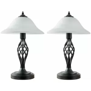 2 x Barley Twist Table Lamps With Frosted Alabaster Shades - Satin Black - No Bulb