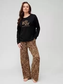 Lauren by Ralph Lauren Jersey Crew Neck Top And Bottom - Leopard, Multi, Size L, Women