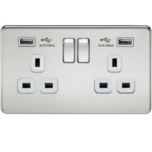 KnightsBridge 2G 13A Screwless Polished Chrome 2G Switched Socket with Dual 5V USB Charger Ports - White Insert