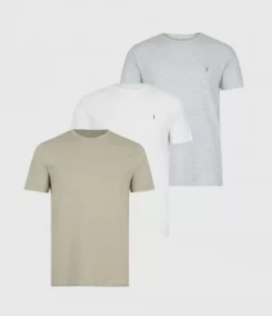 AllSaints Mens Brace Crew 3 Pack T-Shirts, White/grey/green, Size: S