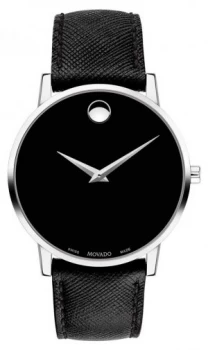 Movado Mens Museum Black Leather Strap Black Dial 0607194 Watch