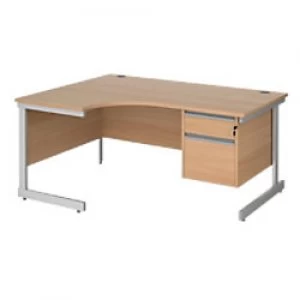 Left Hand Ergonomic Desk with 2 Lockable Drawers Pedestal and Beech Coloured MFC Top with Silver Frame Cantilever Legs Contract 25 1600 x 1200 x 725 m