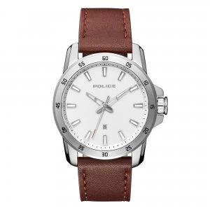Police Tan Leather Strap Watch with White Dial