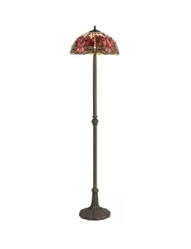 2 Light Leaf Design Floor Lamp E27 With 40cm Tiffany Shade, Purple, Pink, Crystal, Aged Antique Brass