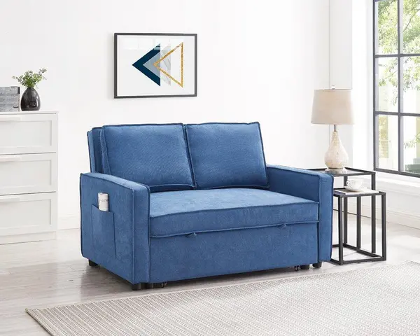 Home Detail Hugo 2 Seater Sofa Bed Pull Out Linen Fabric, Blue Blue