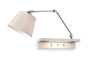 1 Light Indoor Wall Light Light, Shelf & USB Port Chrome, Cream Shade and White Shelf, E27
